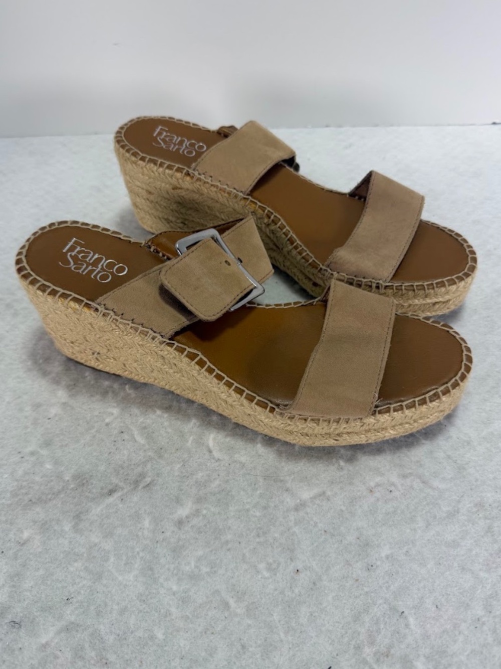 Franco Sarto Womens 10 Tan Suede Espadrille Wedge Slide Sandals Leather EU 40